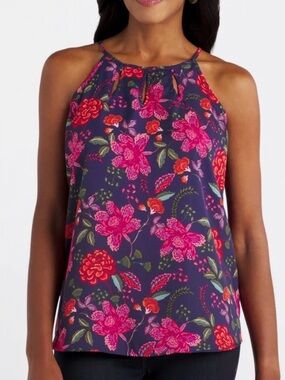 PaperMoon Floral Halter Neck Women's Top - Navy with Pink Floral
